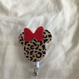 Leopard Glitter Minnie Badge Reel with Red Bow